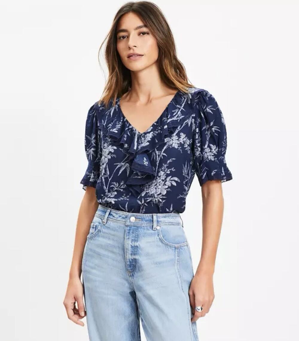 LOFT Blue Floral V-Neck Ruffle Short Sleeve Top Small NWT